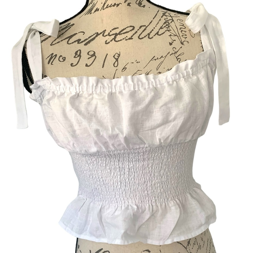Aritzia Wilfred Ballad Smocked Linen Tie Strap Peplum Cami Top Size Medium